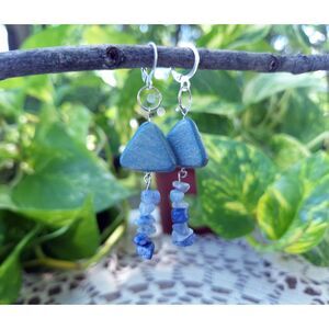 Blue Crystal Wooden Drop Earrings Silver Plated Boho Unique Artsy Handmade Gifts
